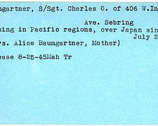 World War II, Vindicator, Charles O. Baumgartner, Sebring, missing, Pacific, Alice Baumgartner, 1945, Mahoning, Trumbull