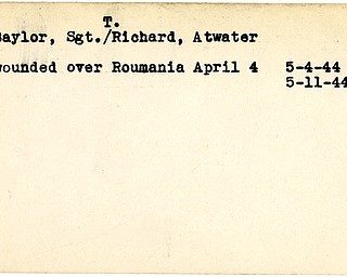 World War II, Vindicator, Richard Baylor, T. Richard Baylor, Atwater, wounded, Romania, 1944, Mahoning