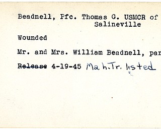 World War II, Vindicator, Thomas G. Beadnell, USMCR, Salineville, wounded, William Beadnell, 1945, Mahoning, Trumbull