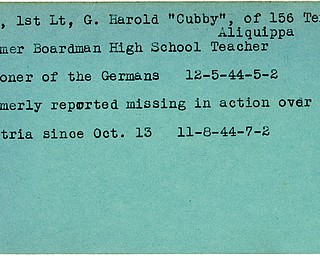 World War II, Vindicator, G. Harold Bear, Chubby, Aliquippa, Boardman High School, prisoner, Germany, 1944, missing, Austria