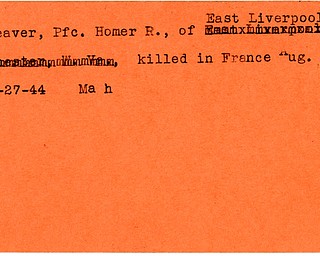 World War II, Vindicator, Homer R. Beaver, East Liverpool, killed, France, 1944, Mahoning
