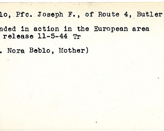 World War II, Vindicator, Joseph F. Beblo, Butler, wounded, Europe, 1944, Trumbull, Nora Beblo