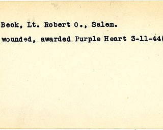 World War II, Vindicator, Robert O. Beck, Salem, wounded, award, Purple Heart, 1944, Mahoning