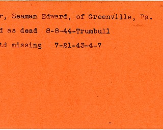 World War II, Vindicator, Edward Becker, Greenville, Seaman, missing, 1943, killed, 1944, dead, Trumbull
