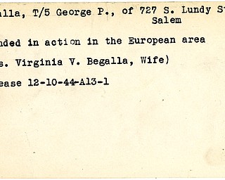 World War II, Vindicator, George P. Begalla, Salem, wounded, Europe, Virginia V. Begalla, 1944