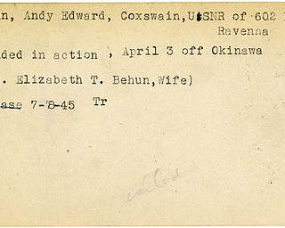 World War II, Vindicator, Andy Edward Behun, Ravenna, USNR, wounded, Okinawa, Elizabeth T. Behun, Trumbull, 1945