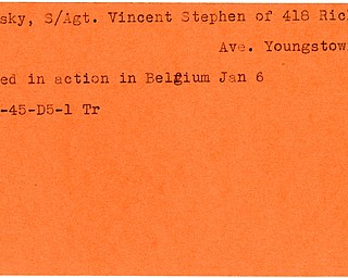 World War II, Vindicator, Vincent Stephen Belansky, Youngstown, killed, Belgium, 1945, Trumbull