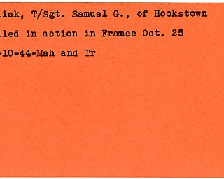 World War II, Vindicator, Samuel G. Belick, Hookstown, killed, France, 1944, Mahoning, Trumbull