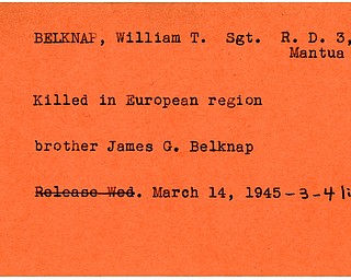 World War II, Vindicator, William T. Belknap, Mantua, killed, Europe, James G. Belknap, 1945