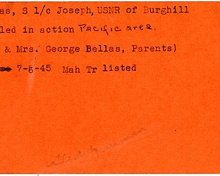 World War II, Vindicator, Joseph Bellas, USNR, Burghill, killed, Pacific, George Bellas, 1945, Mahoning, Trumbull