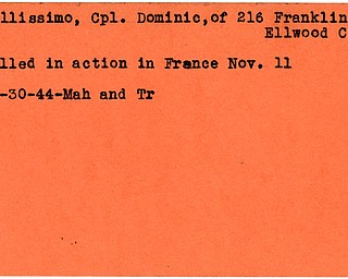 World War II, Vindicator, Dominic Bellissimo, Ellwood City, killed, France, 1944, Mahoning, Trumbull
