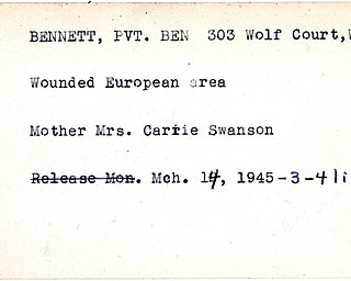World War II, Vindicator, Ben Bennett, Warren, wounded, Europe, Carrie Swanson, 1945, Mahoning, Trumbull