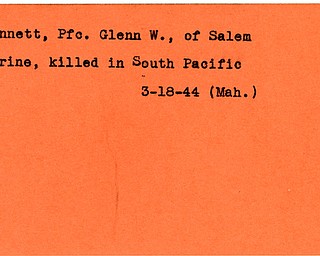 World War II, Vindicator, Glenn W. Bennett, Salem, Marine, killed, Pacific, 1944, Mahoning