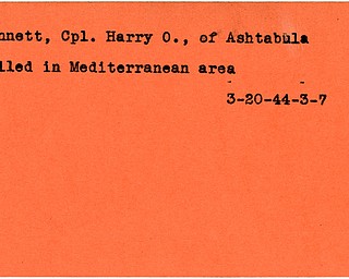 World War II, Vindicator, Harry O. Bennett, Ashtabula, killed, Mediterranean, 1944