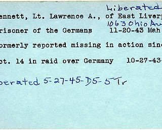 World War II, Vindicator, Lawrence A. Bennett, East Liverpool, prisoner, Germany, missing, Mahoning, 1943, liberated, 1945, Trumbull