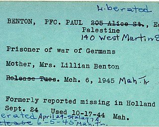 World War II, Vindicator, Paul Benton, East Palestine, prisoner, Germany, Lillian Benton, 1945, Mahoning, Trumbull, missing, Holland, 1944, liberated