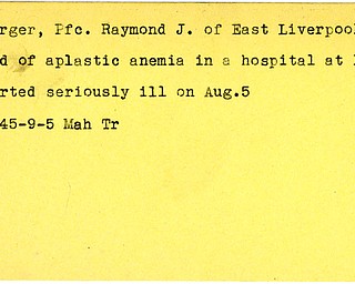 World War II, Vindicator, Raymond J. Berger, East Liverpool, died, aplastic anemia, Leyte, illness, Mahoning, Trumbull, 1945