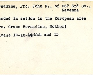 World War II, Vindicator, John R. Bernadine, Ravenna, wounded, Europe, Grace Bernadine, 1944, Mahoning, Trumbull