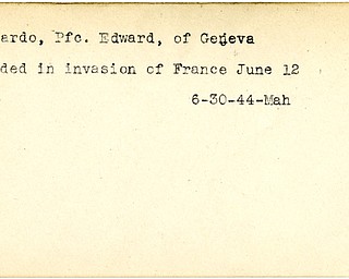 World War II, Vindicator, Edward Bernardo, Geneva, wounded, France, 1944, Mahoning