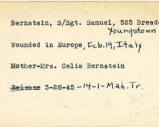 World War II, Vindicator, Samuel Bernstein, Youngstown, wounded, Europe, Italy, Celia Bernstein, 1945, Mahoning, Trumbull
