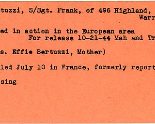 World War II, Vindicator, Frank Bertuzzi, Warren, killed, Europe, 1944, Mahoning, Trumbull, Effie Bertuzzi, France