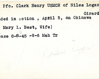 World War II, Vindicator, Clark Henry Best, USMCR, Girard, wounded, Okinawa, Mary L. Best, 1945, Mahoning, Trumbull