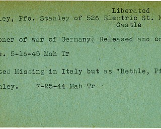 World War II, Vindicator, Stanley Betley, New Castle, prisoner, Germany, 1945, Mahoning, Trumbull, missing, Italy, Bethle, 1944, liberated