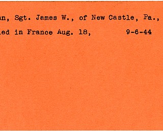 World War II, Vindicator, James W. Bevan, New Castle, killed, France, 1944, Mahoning