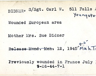 World War II, Vindicator, Carl W. Bidner, Youngstown, wounded, Europe, Sue Bidner, 1945, Mahoning, Trumbull, 1944, France