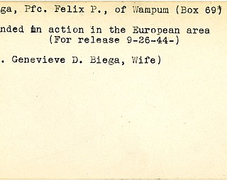 World War II, Vindicator, Felix P. Beiga, Wampum, wounded, Europe, 1944, Genevieve D. Beiga