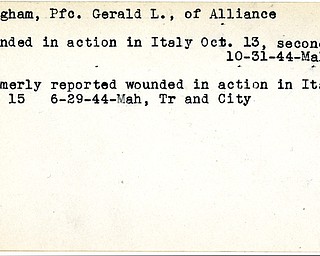 World War II, Vindicator, Gerald L. Bingham, Alliance, wounded, Italy, 1944, Mahoning, Trumbull, city