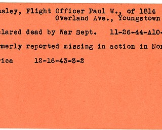 World War II, Vindicator, Paul W. Binsley, flight officer, Youngstown, missing, Africa, 1944, 1943, dead, killed