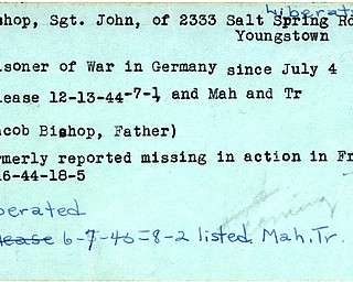 World War II, Vindicator, John Bishop, Youngstown, prisoner, Germany, 1944, Mahoning, Trumbull, Jacob Bishop, missing, France, 1945, liberated