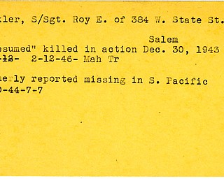 World War II, Vindicator, Roy E. Bixler, Salem, missing, Pacific, 1944, killed, 1946, 1943, Mahoning, Trumbull