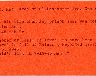World War II, Vindicator, Fred Black, Greenville, prisoner, Japanese, Bataan, missing, 1943, Herald's list, 1945, Mahoning, Trumbull, China Sea, killed, dead