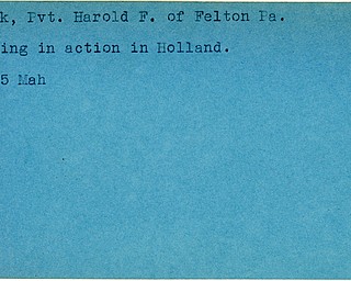 World War II, Vindicator, Harold F. Black, Felton, missing, Holland, 1945, Mahoning