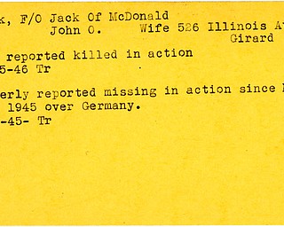 World War II, Vindicator, John O. Black, Jack Black, McDonald, killed, 1946, Trumbull, missing, Germany, 1945