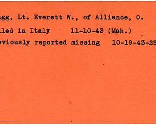World War II, Vindicator, Everett W. Blagg, Alliance, killed, Italy, 1943, Mahoning, missing