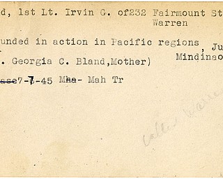 World War II, Vindicator, Irvin G. Bland, Warren, wounded, Pacific, Georgia C. Bland, 1945, Mahoning, Trumbull, Mindanao