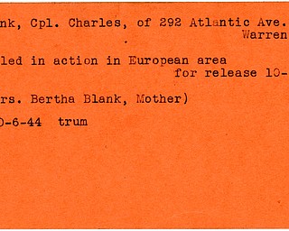 World War II, Vindicator, Charles Blank, Warren, killed, Europe, 1944, Bertha Blank, Trumbull