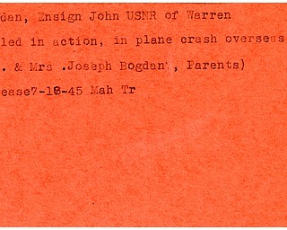 World War II, Vindicator, John Bogdan, Warren, USNR, killed, plane crash, Joseph Bogdan, 1945, Mahoning, Trumbull, Ensign