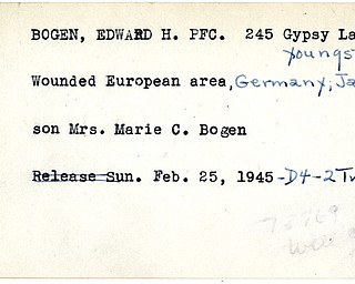 World War II, Vindicator, Edward H. Bogen, Youngstown, wounded, Europe, Germany, 1945, Trumbull, Marie C. Bogen