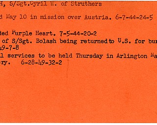 World War II, Vindicator, Cyril W. Bolash, Struthers, killed, Austria, 1944, award, Purple heart, 1949
