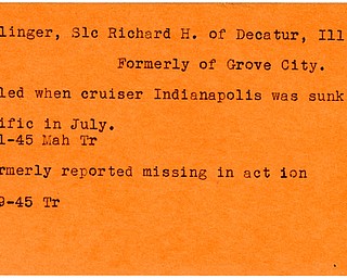 World War II, Vindicator, Richard H. Bollinger, Decatur, Illinois, Grove City, killed, Indianapolis, Pacific, 1945, Mahoning, Trumbull, missing