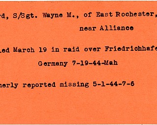 World War II, Vindicator, Wayne M. Boord, East Rochester, Alliance, killed, Germany, 1944, Mahoning, missing