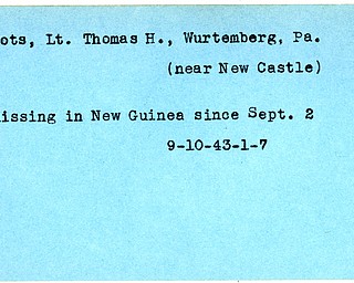 World War II, Vindicator, Thomas H. Boots, New Castle, Wurtemberg, missing, New Guinea, 1943