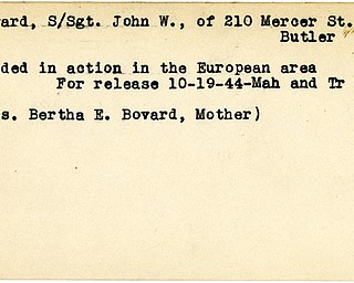 World War II, Vindicator, John W. Bovard, Butler, wounded, Europe, 1944, Mahoning, Trumbull, Bertha E. Bovard