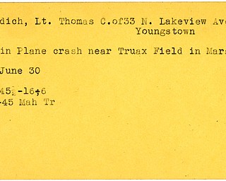 World War II, Vindicator, Thomas C. Bowdich, Youngstown, killed, died, plane crash, Truax Field, Wisconsin, 1945, Mahoning, Trumbull
