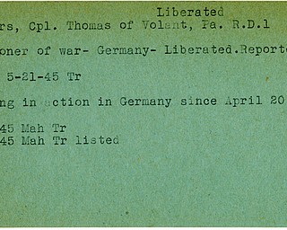 World War II, Vindicator, Thomas Bowers, Volant, prisoner, Germany, liberated, 1945, Trumbull, Mahoning, missing