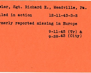 World War II, Vindicator, Richard E. Bowler, Meadville, killed, 1943, missing, Europe, Trumbull, city